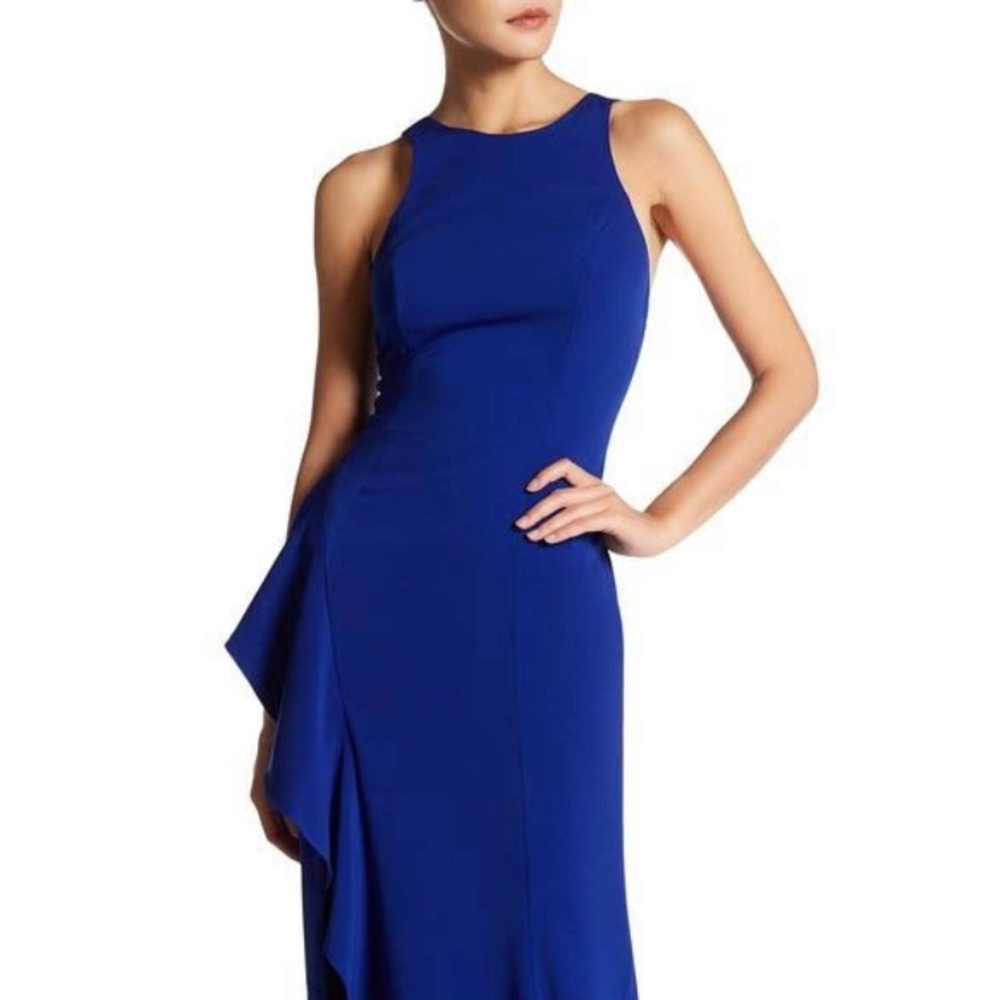 Jay Godfrey Blue Watters Front Ruffle High Slit Formal Gown Dress